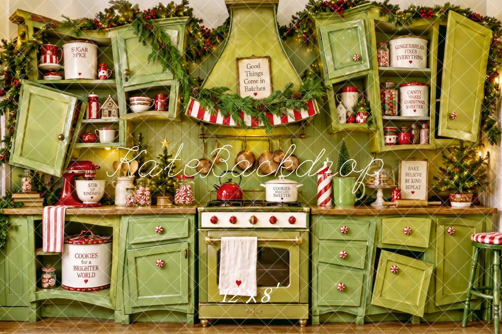 Kate Christmas Whimstical Green Kitchen Cabinet Printed Backdrop Designed by Patty Roberts