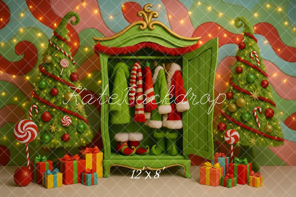 Kate Christmas Candy Trees Green Cabinet Presents Backdrop Designed by Ashley Paul