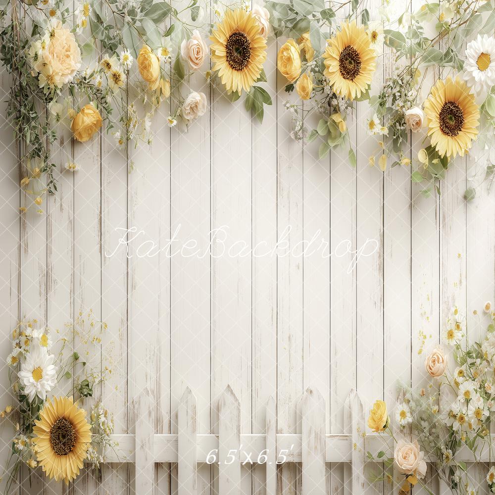 Kate Summer Sunflower Cream Rose White Picket Fence Printed Backdrop Designed by Angela Miller
