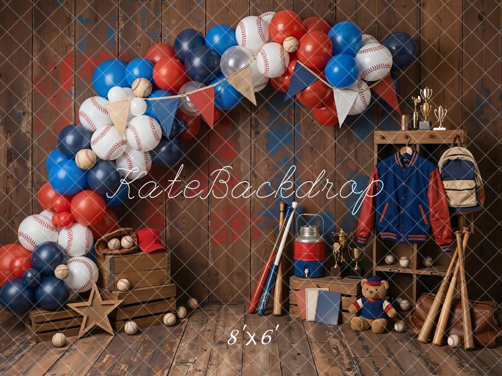 Kate Cake Smash Baseball Balloon Arch Wooden Crate Pennant Printed Backdrop Designed by Emetselch