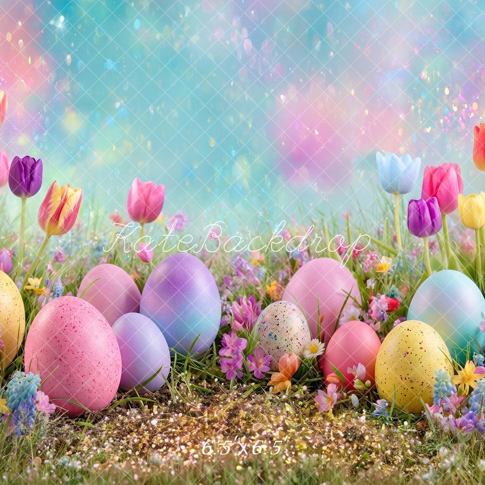 Kate Easter Colorful Eggs Tulip Flower Garden Field Printed Backdrop Designed by Angela Miller
