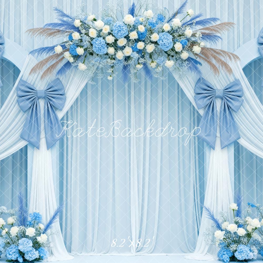 Kate Blue Flower Arch White Drapes Bows Backdrop Designed by Patty Roberts