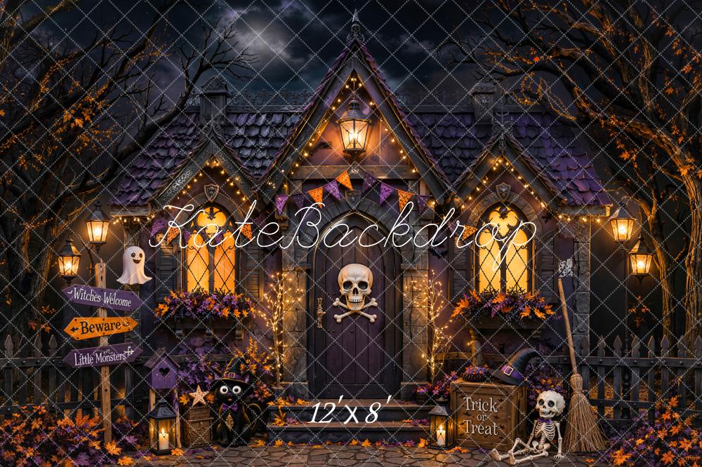 Kate Halloween Night Haunted House Skull Skeleton Doorway Printed Backdrop Designed by Chain Photography