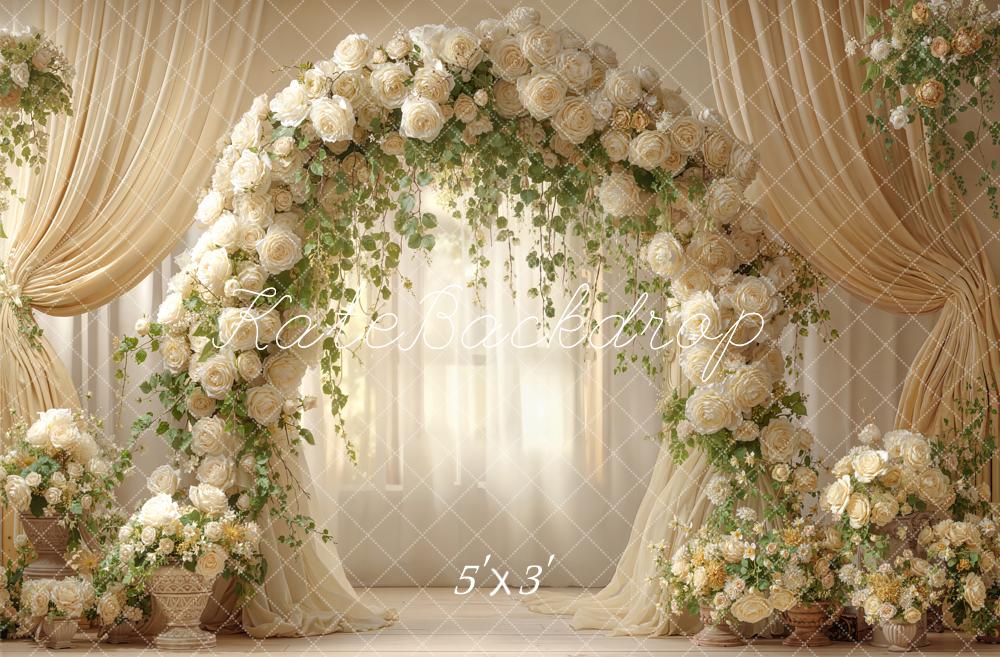 Kate Spring Flower Arch Cream Roses Drapes Printed Backdrop Designed by Emetselch
