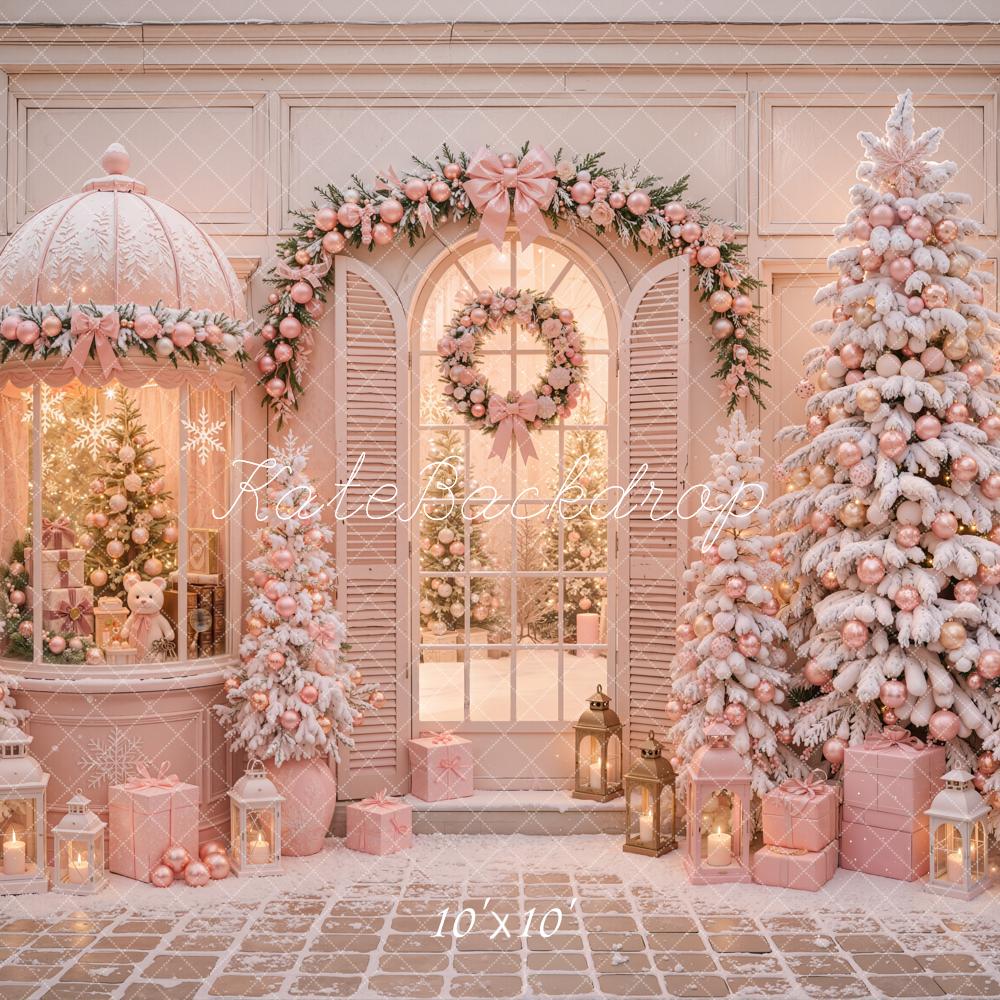 Kate Christmas Shop Pink Snowy Trees Garland Wreath Gift Boxes Printed Backdrop Designed by Emetselch