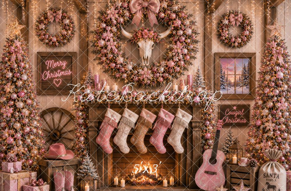 Kate Christmas Pink Rustic Fireplace Bull Skull Printed Backdrop Designed by Ashley Paul