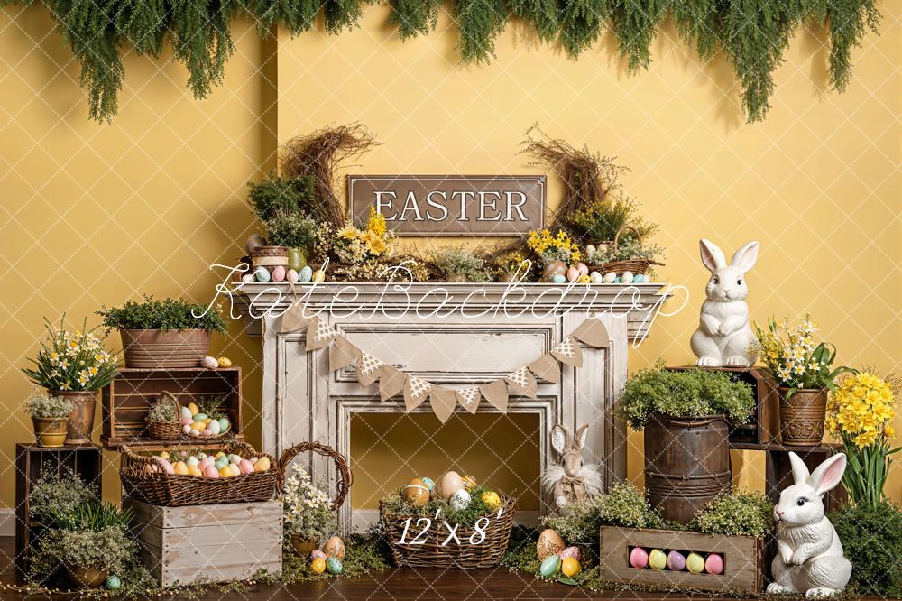 Kate Easter Bunny Fireplace Eggs Yellow Flowers Backdrop Designed by Emetselch