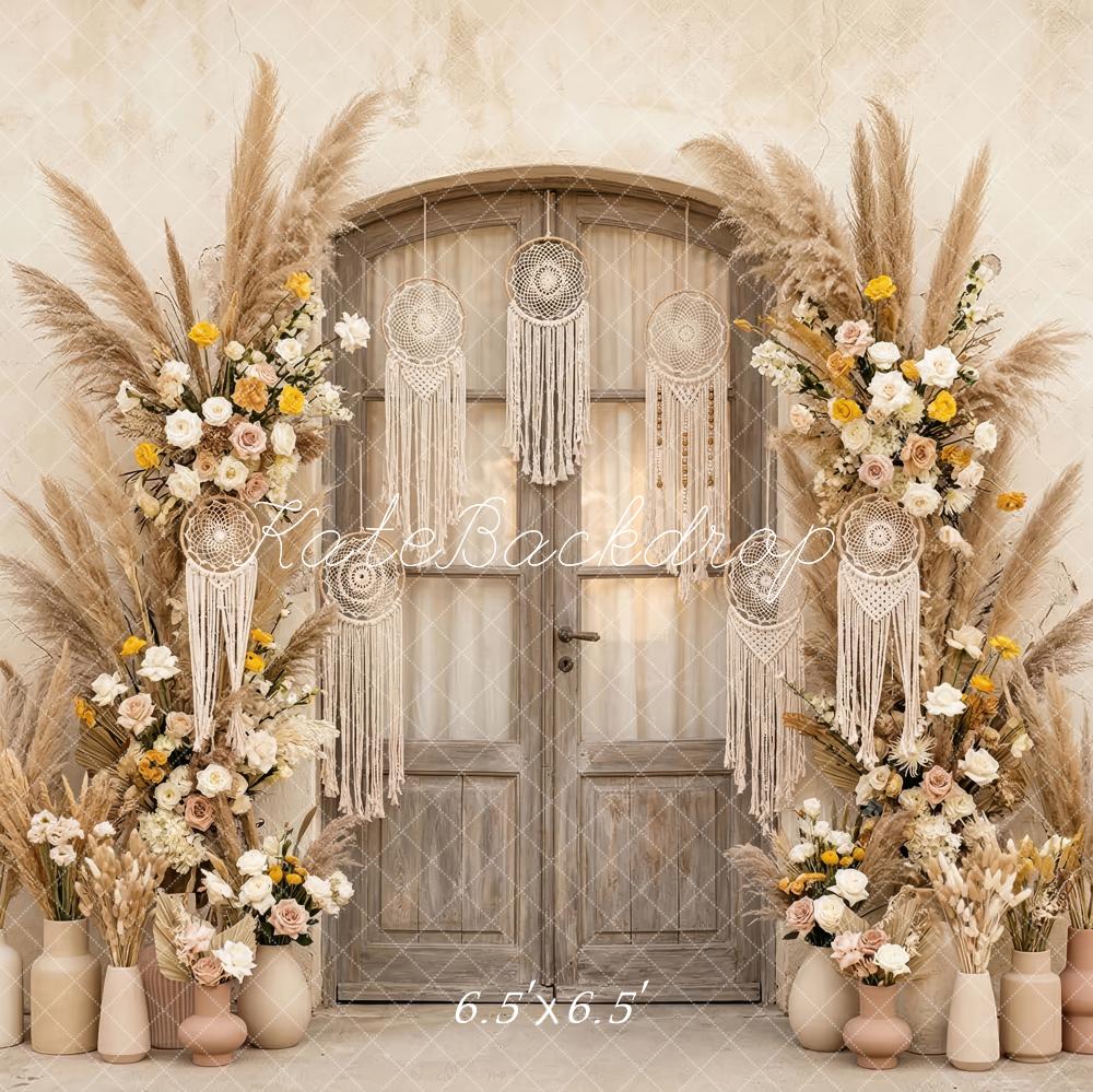 Kate Boho Flower Arch Pampas Grass Door Macrame Printed Backdrop Designed by Patty Roberts