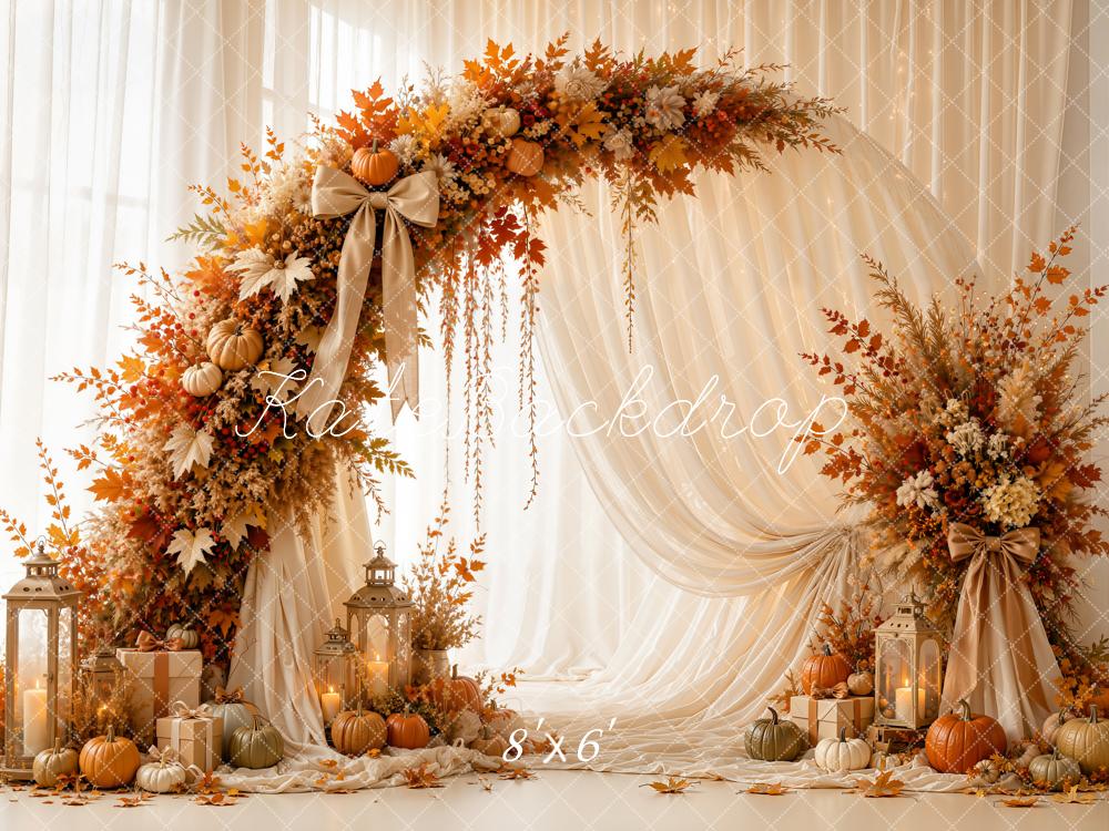 Kate Fall Circle Floral Arch Pumpkins White Drapes Lanterns Printed Backdrop Designed by Emetselch