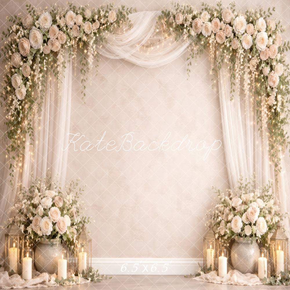 Kate Spring Flower Arch Cream Roses Lanterns Drapery Printed Backdrop Designed by Vertigo Productions