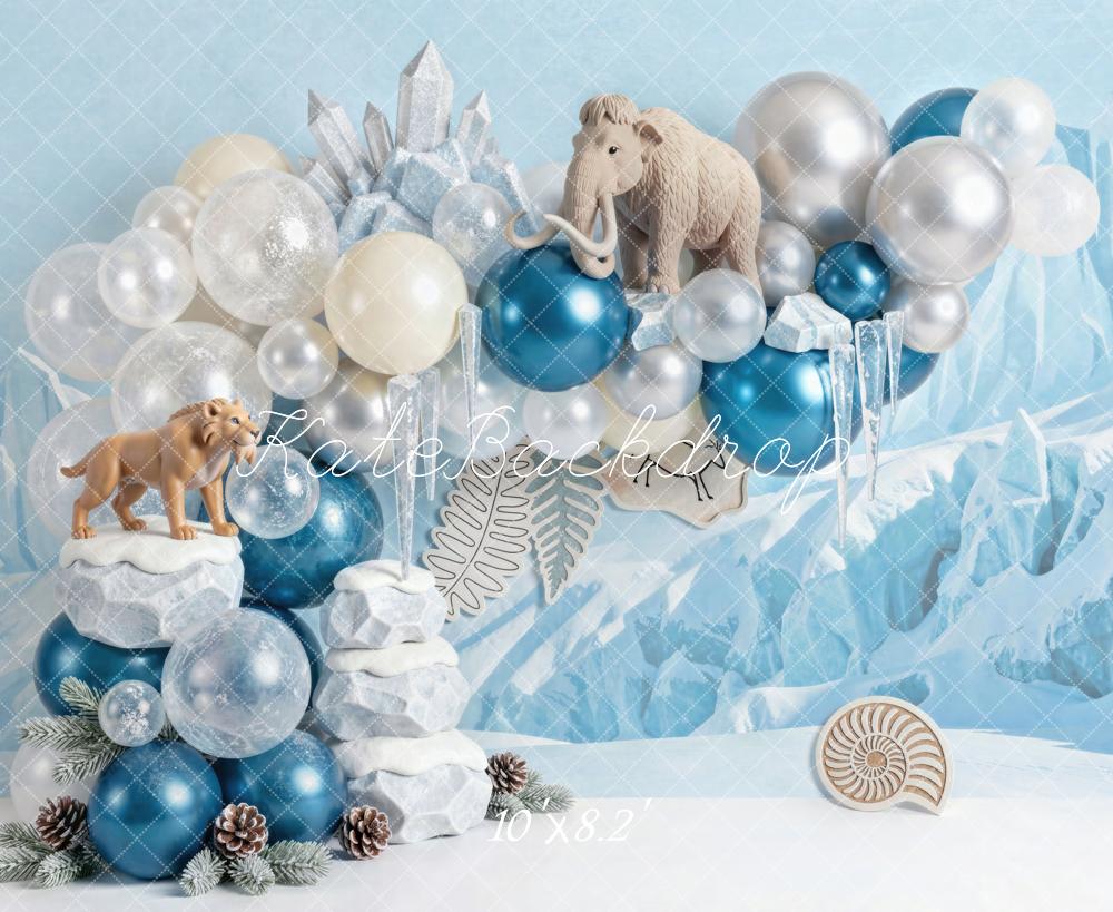 Kate Cake Smash Winter Blue Prehistoric Animals Crystal Balloons Printed Backdrop Designed by Mini MakeBelieve