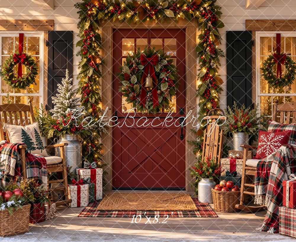 Kate Christmas Porch Garland Wreath Chair Plaid Rustic Printed Backdrop Designed by Shutter Swan Studios