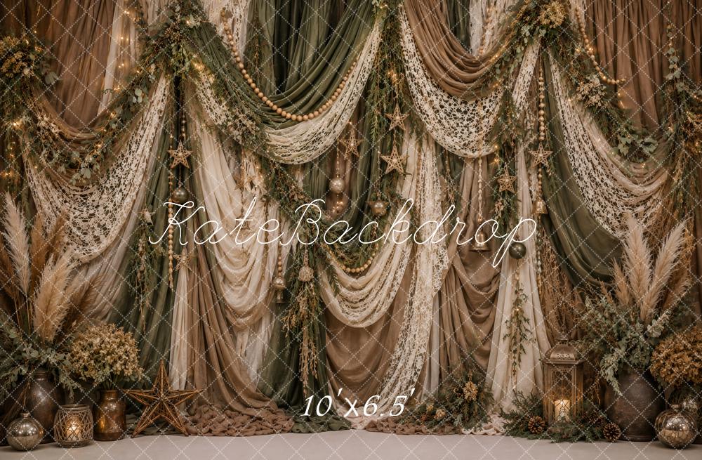 Kate Christmas Boho Lace Draped Greenery Printed Backdrop Printed Backdrop Designed by Ashley Paul