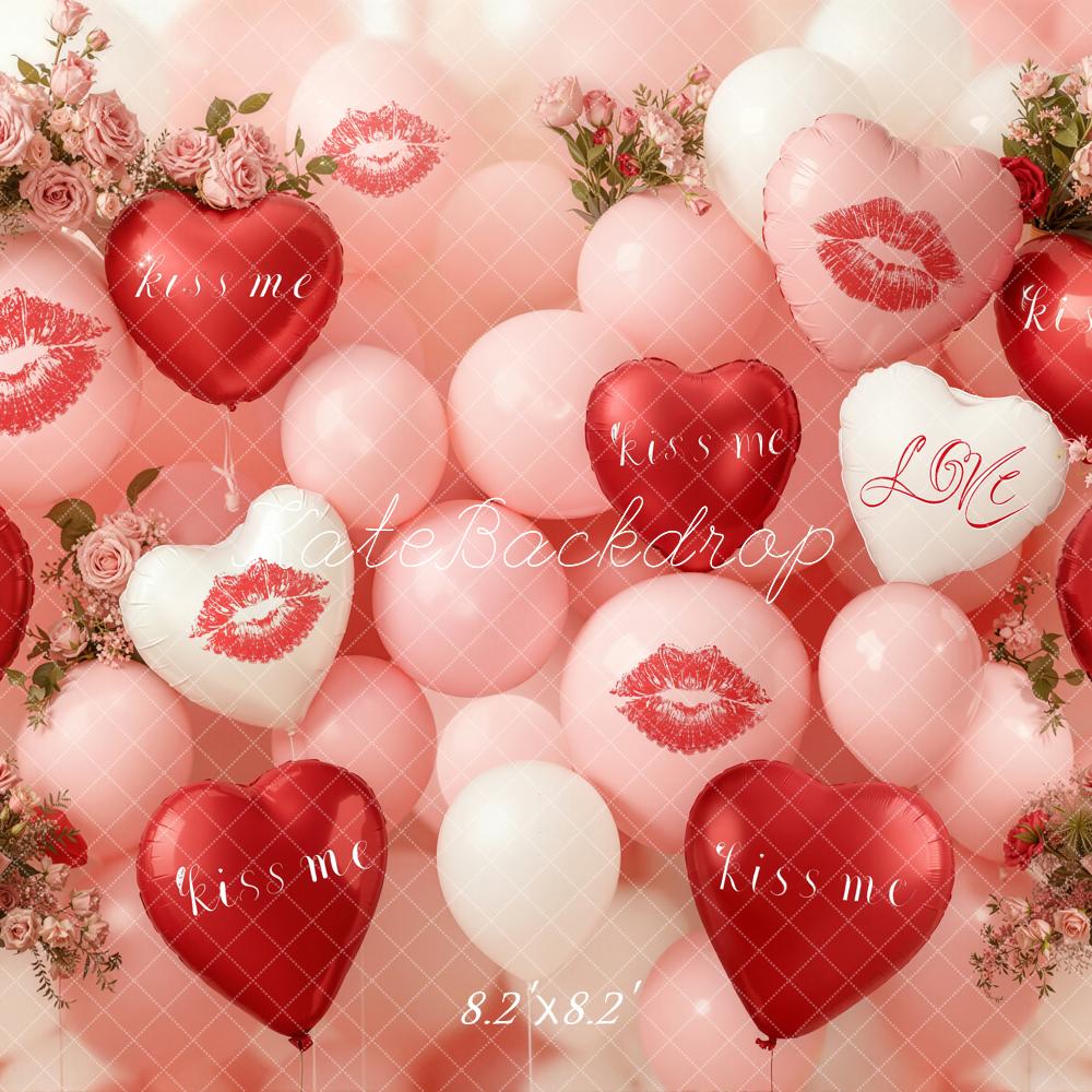 Kate Valentine's Day Heart Balloons Roses Kiss Print Backdrop Designed by Emetselch