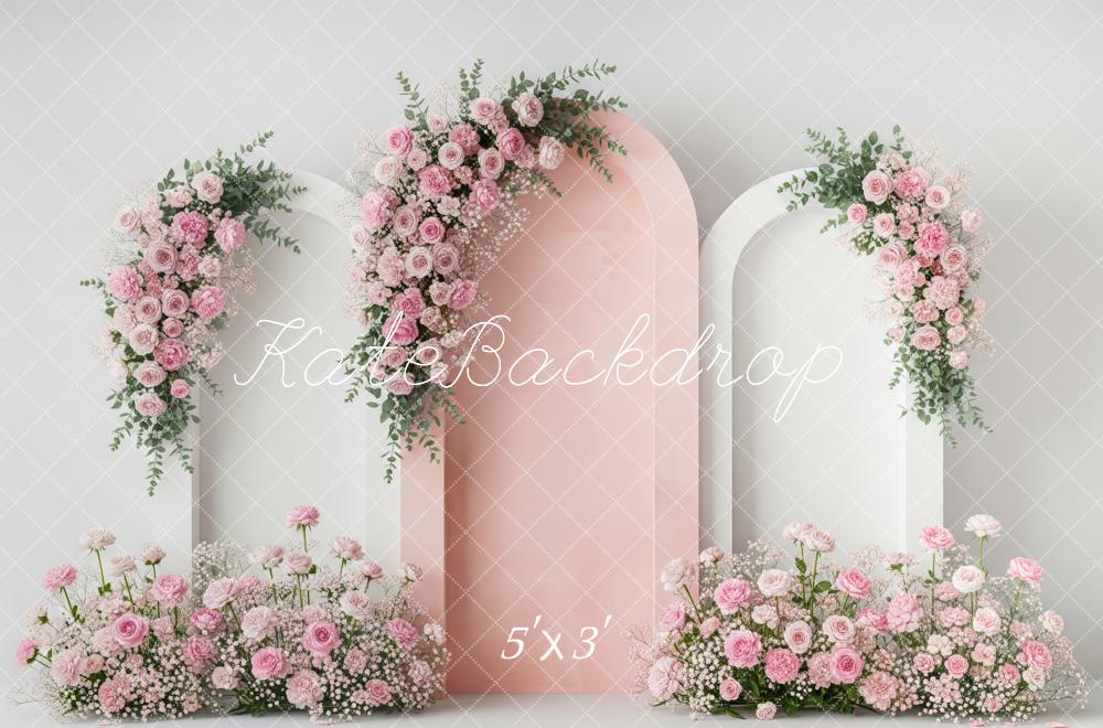 Kate Spring Pink Flower Arch With Floral Arrangements Printed Backdrop Designed by Patty Roberts