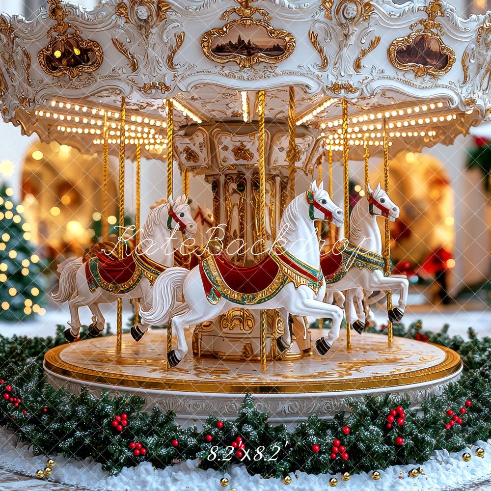 Kate Christmas Carousel Horses Garland Snow Exterior Backdrop Designed by Mini MakeBelieve