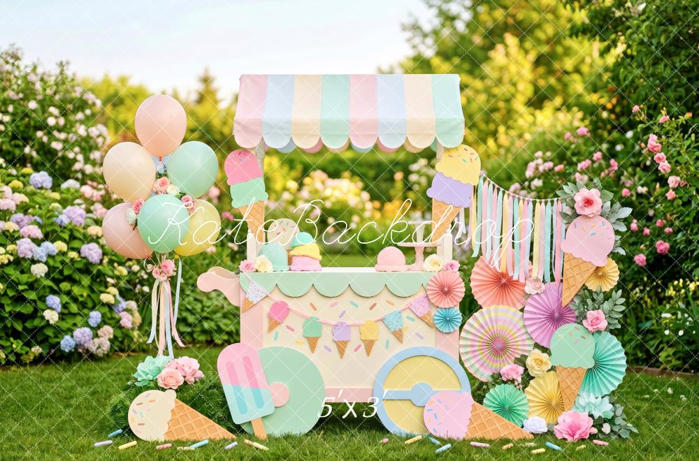 Kate Summer Garden Ice Cream Cart Pastel Balloons Flowers Kids Printed Backdrop Designed by Patty Roberts