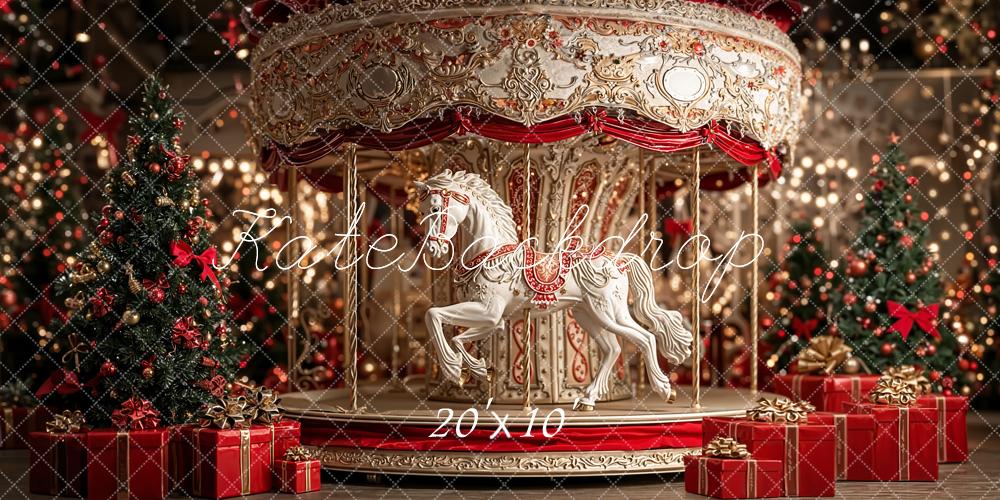 Kate Christmas Carousel White Horse Red Gifts Backdrop Designed by Emetselch