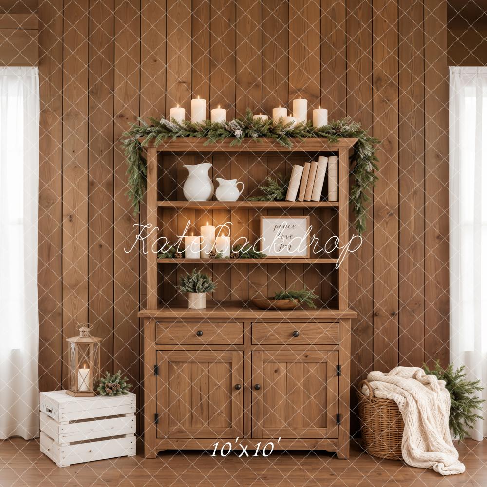 Kate Rustic Wooden Cabinet Candles Garland Crate Basket Printed Backdrop Designed by Emetselch