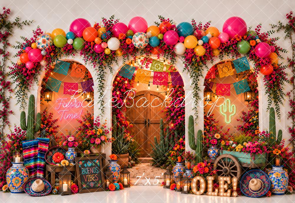 Kate Birthday Mexican Fiesta Flower Arch Cactus Balloons Papel Picado Printed Backdrop Designed by Ashley Paul