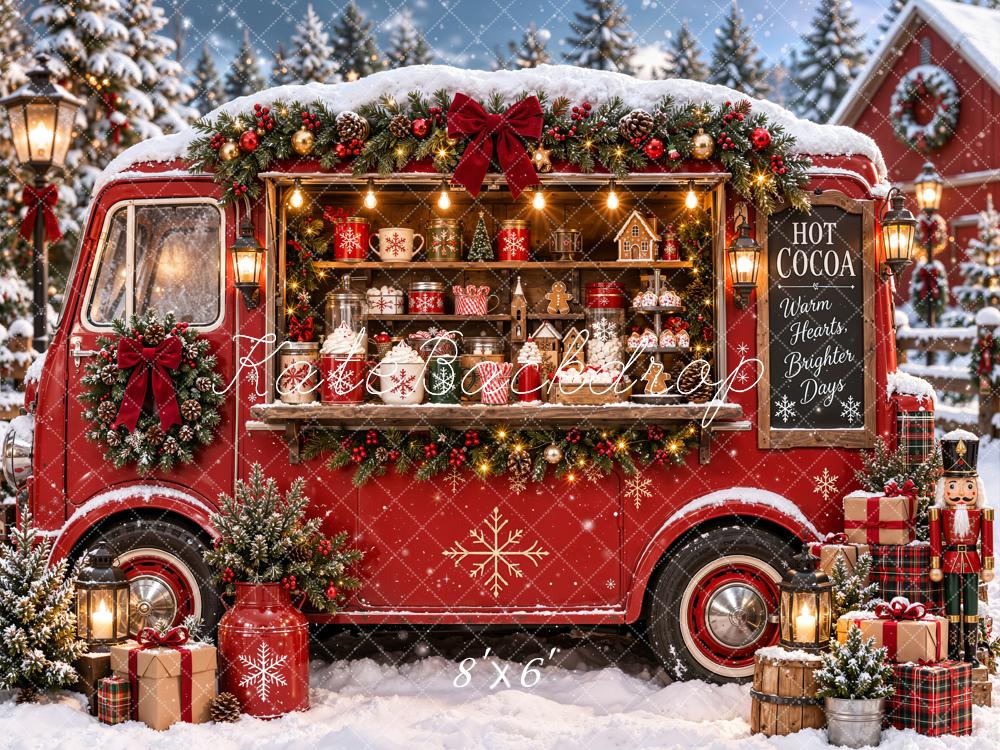 Kate Christmas Red Hot Cocoa Truck Snowy Gifts Nutcracker Printed Backdrop Designed by Emetselch