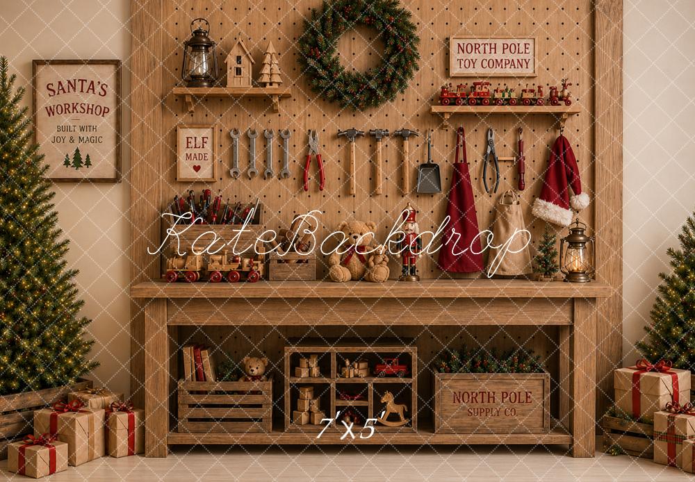 Kate Christmas Toy Workshop Wood Mantel Printed Backdrop Designed by Caitlin Lynch