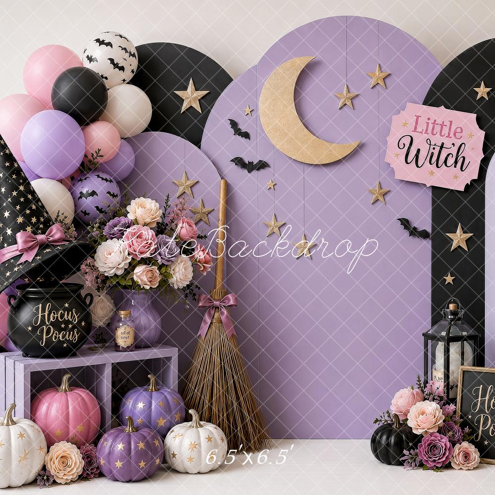 Kate Halloween Birthday Witch Hat Purple Moon Pumpkins Balloons Printed Backdrop Designed by Shutter Swan Studios