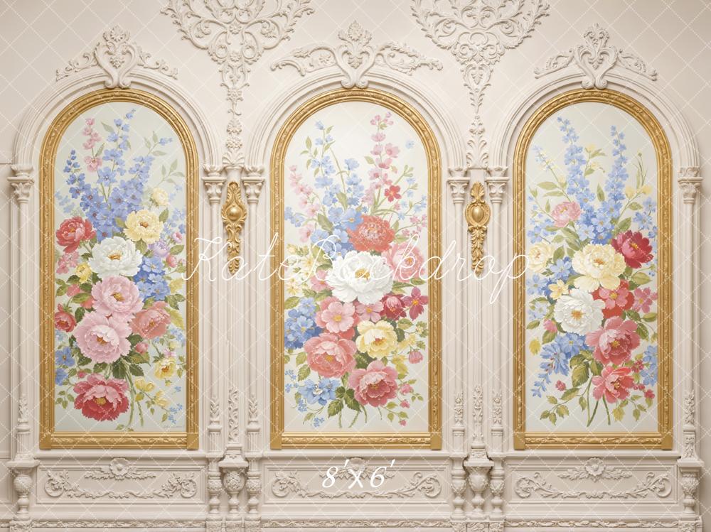 Kate Spring Floral Gold Ornate Arch Vintage Wall Printed Backdrop Designed by Emetselch