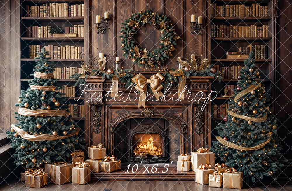 Kate Christmas Wood Fireplace Bookshelves Wreath Trees Gifts Backdrop Designed by Emetselch