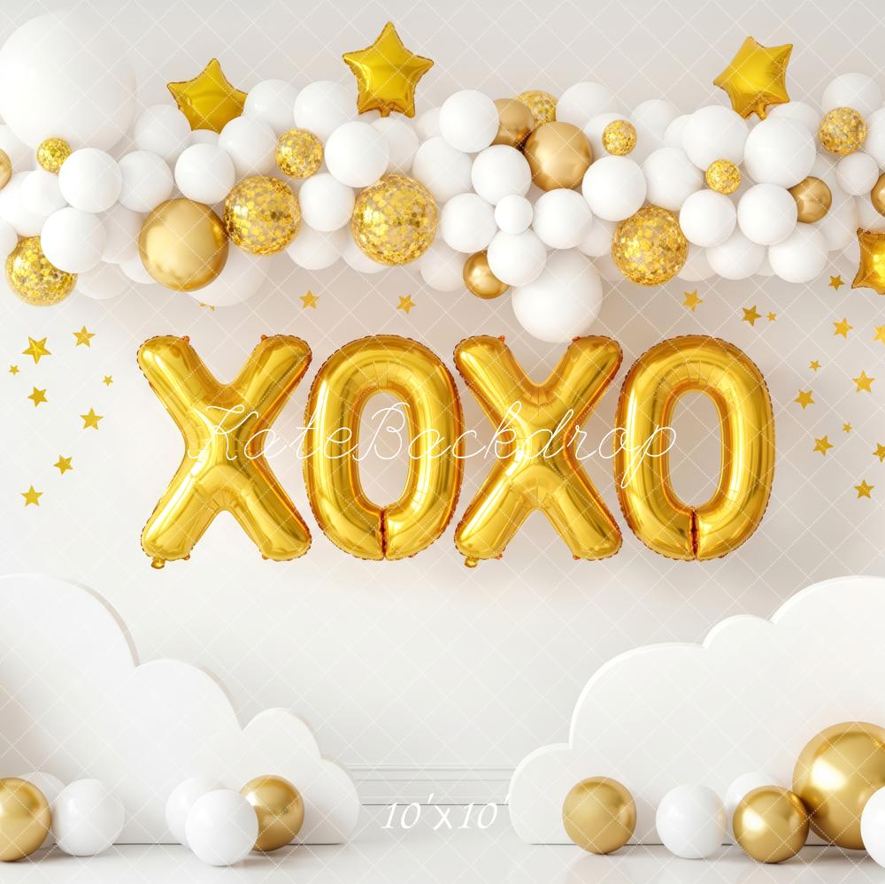 Kate Cake Smash Gold Balloons XOXO Clouds and Stars Backdrop Designed by Patty Roberts