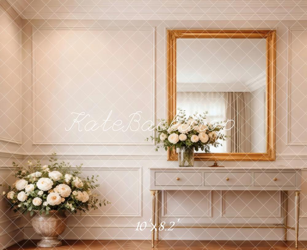 Kate Elegant White Room Gold Mirror Console Flowers Printed Backdrop Designed by Vertigo Productions