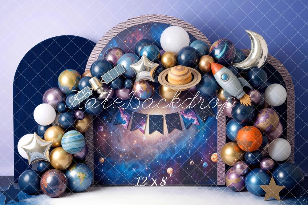 Kate Birthday Space Balloon Arch Planets Rocket Moon Printed Backdrop Designed by Mini MakeBelieve