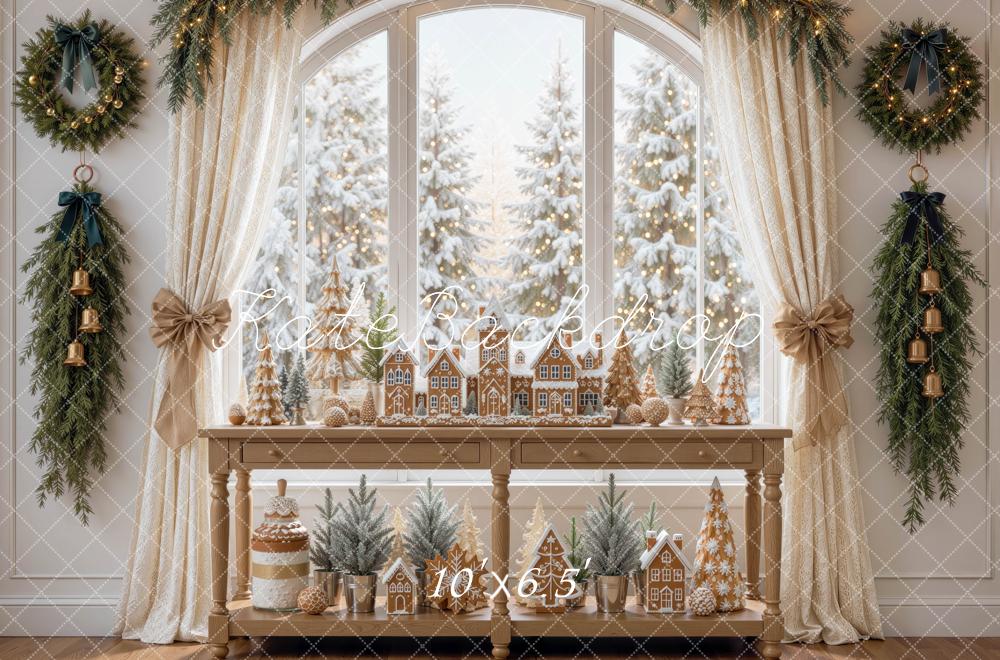 Kate Christmas Gingerbread Village Window Garland Curtains Printed Backdrop Designed by Mini MakeBelieve