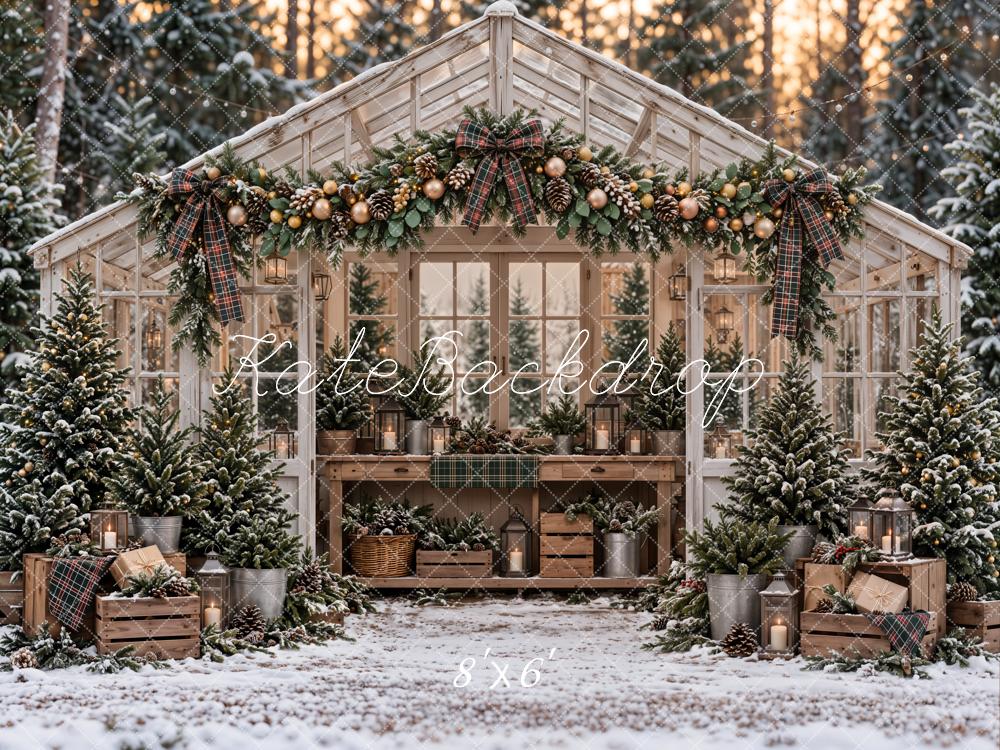 Kate Christmas Greenhouse Snowy Trees Garland Rustic Woodland Printed Backdrop Designed by Emetselch