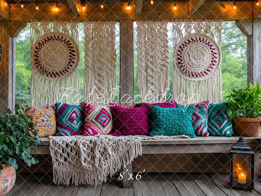 Kate Boho Macrame Patio Bench Pillows Backdrop Designed by Mini MakeBelieve
