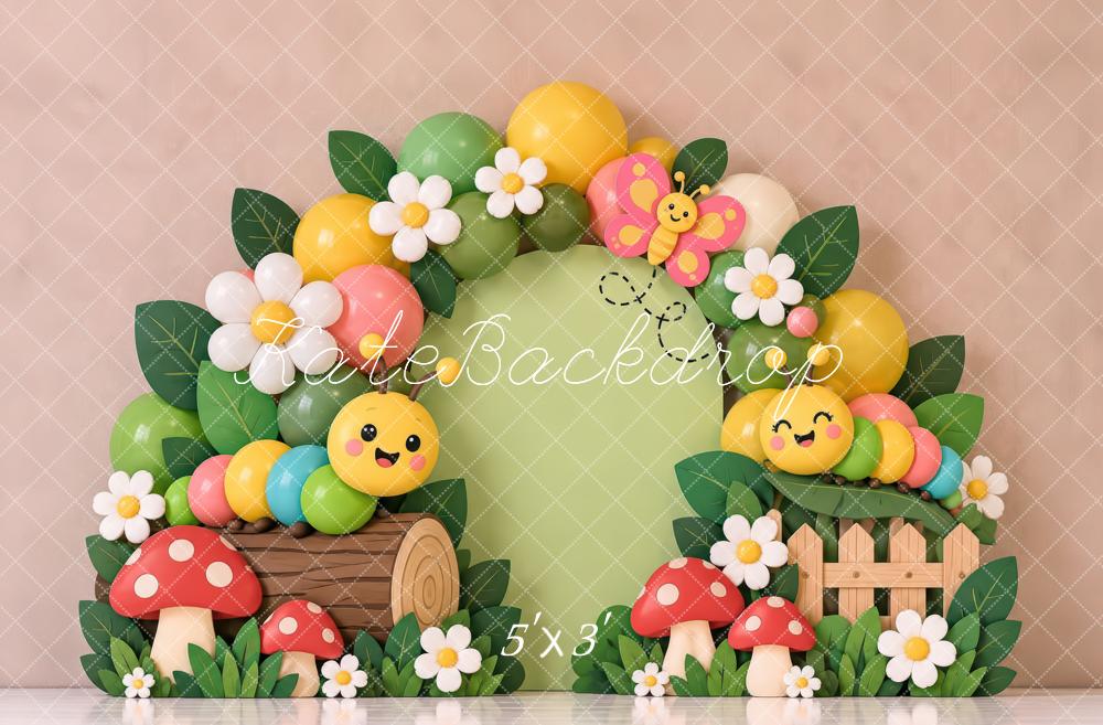 Kate Spring Cake Smash Garden Caterpillars Flowers Mushrooms Printed Backdrop Designed by Laura Bybee