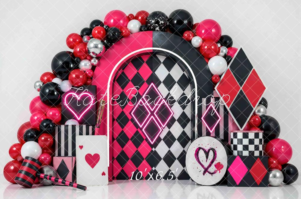 Kate Birthday Harlequin Diamonds Arch Balloons Pink Black Hearts Printed Backdrop Designed by Mini MakeBelieve