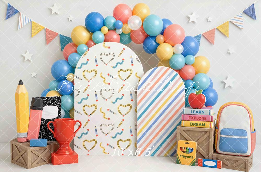 Kate Back to School Balloons Pencil Books Arch Garland Printed Backdrop Designed by Mini MakeBelieve