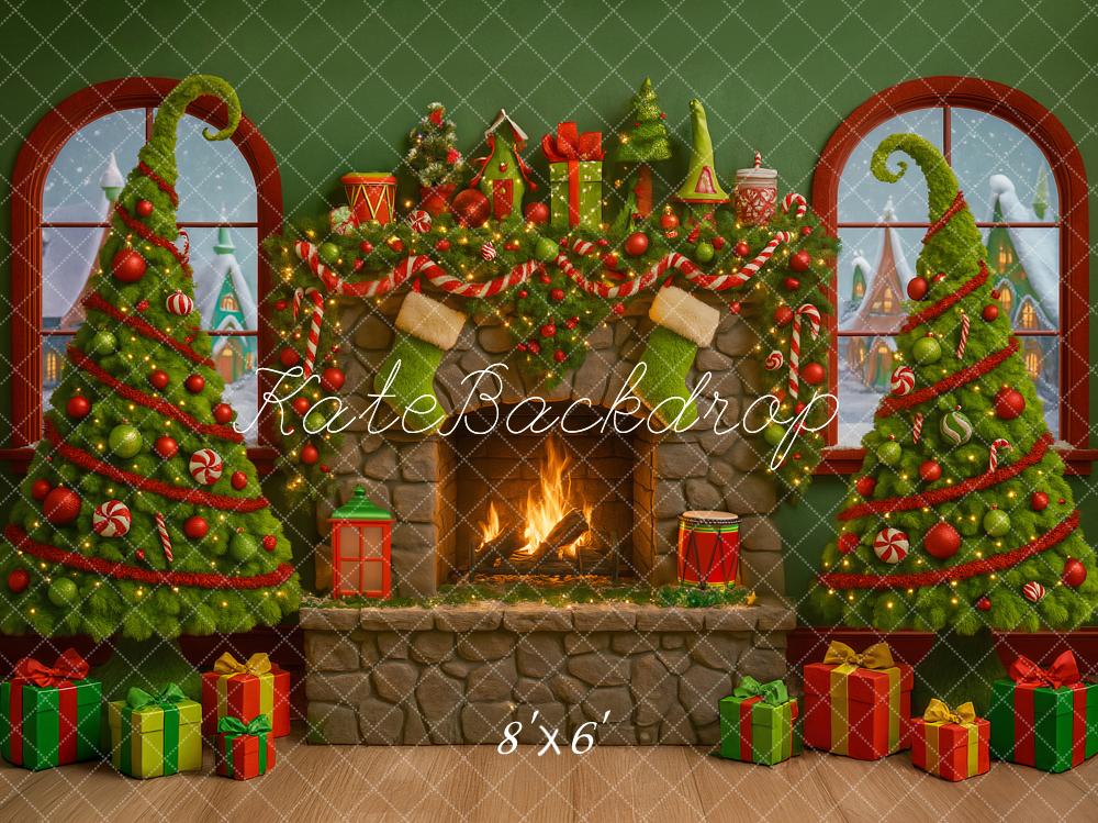 Kate Christmas Fireplace Stone Trees Gifts Garland Green Backdrop Designed by Ashley Paul