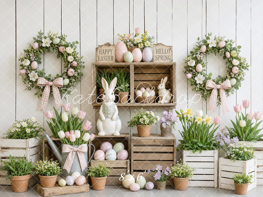 Kate Easter Eggs Bunny Wreath Flowers White Wood Plank Printed Backdrop Designed by Emetselch