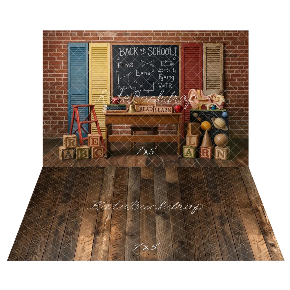 Kate Back To School Blackboard Brick Wall Books Blocks Planets Backdrop+Brown Wood Plank Vintage Wall Backdrop