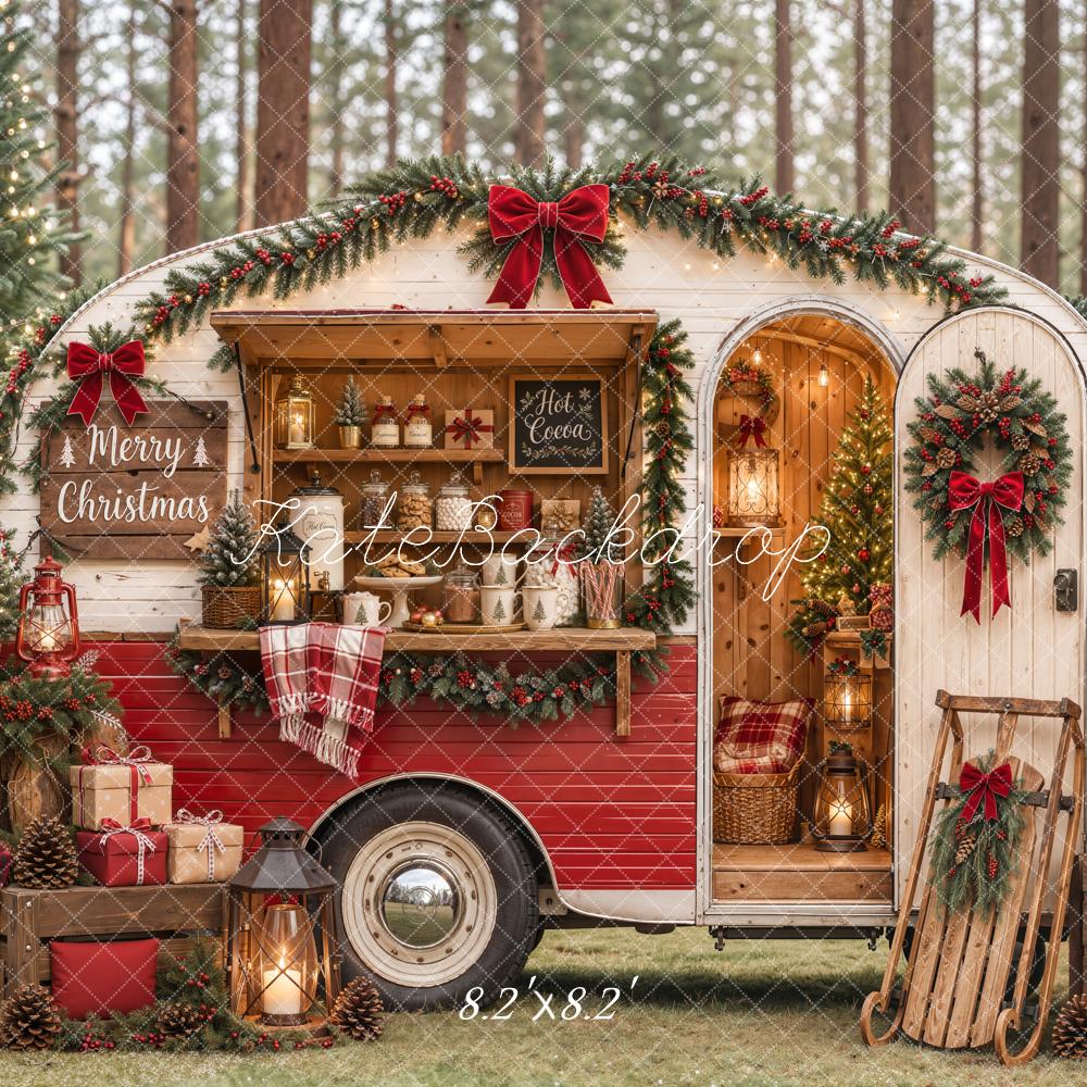 Kate Christmas Camper Red Plaid Hot Cocoa Sleigh Forest Printed Backdrop Designed by Emetselch