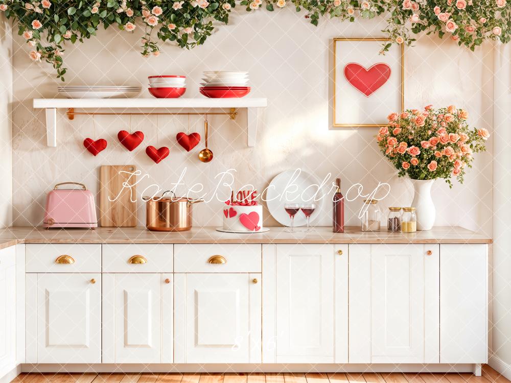 Kate Valentine's Day White Kitchen Hearts Flowers Backdrop Designed by Emetselch
