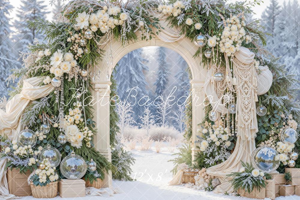 Kate Winter Boho Wedding Flower Arch Greenery Snow Printed Backdrop Designed by Mini MakeBelieve