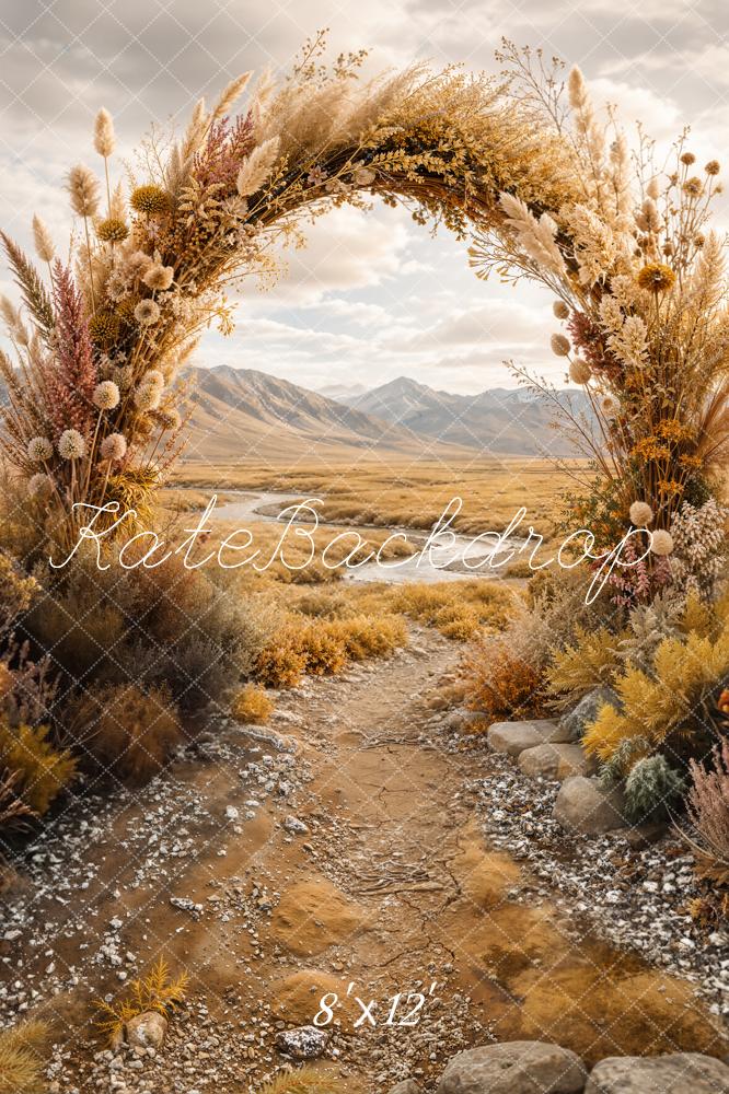 Kate Boho Outdoor Flower Arch Rustic Pathway Mountains Printed Backdrop Designed by Emetselch
