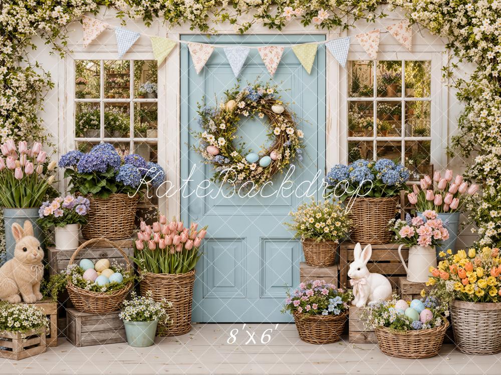 Kate Easter Spring Flower Arch Blue Door Bunny Bunting Printed Backdrop Designed by Emetselch