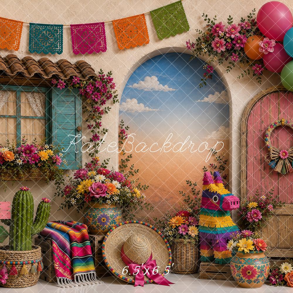 Kate Cake Smash Mexican Fiesta Piñata Balloons Papel Picado Printed Backdrop Designed by Shutter Swan Studios