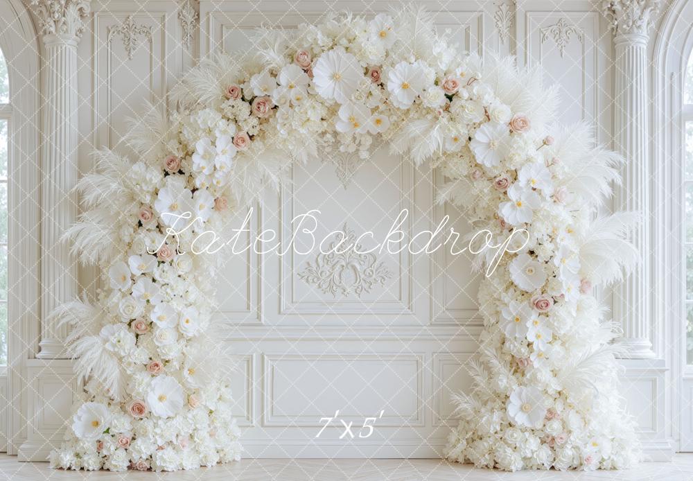 Kate Romantic White Flower Feathers Arch Ornate Wall Printed Backdrop Designed by Mini MakeBelieve
