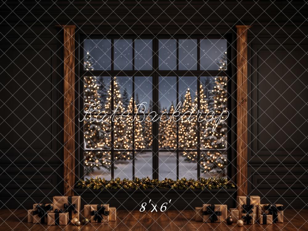 Kate Christmas Window Night Trees Presents Printed Backdrop Designed by Emetselch