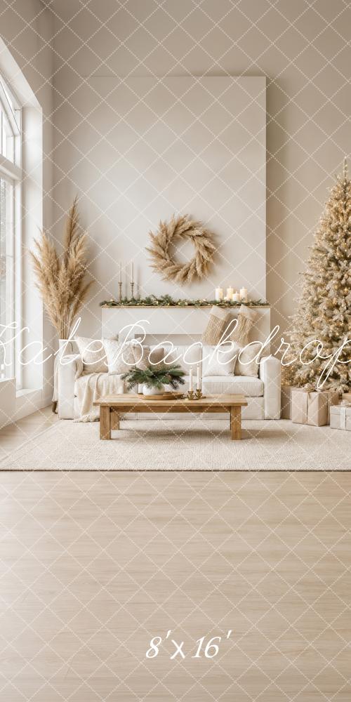 Kate Sweep Christmas Tree Elegant Cream Living Room Sofa Fireplace Printed Backdrop Designed by Happy Squirrel Design